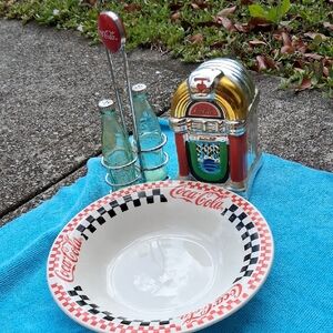 Coca Cola Checkerboard Bowl and 2 Salt And Pepper Sets